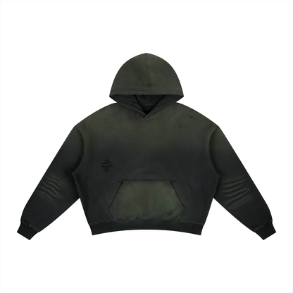 Unisex Frayed Sunfade Boxy Fleece Hoodie in black