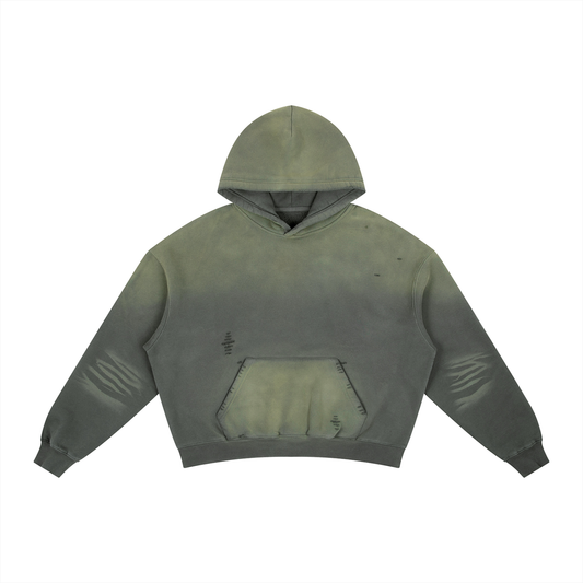 Unisex Frayed Sunfade Boxy Fleece Hoodie in gray