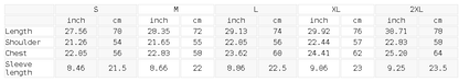Size chart for the Unisex Gradient Washed Drop Shoulder T-Shirt