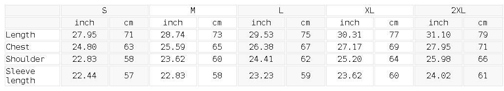 Size chart for the Unisex Gradient Washed Long Sleeve T-Shirt