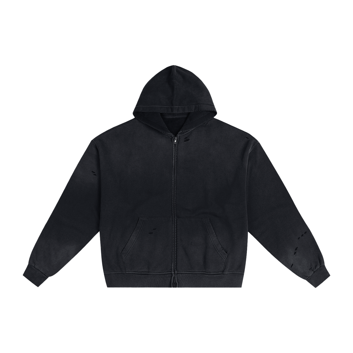 Unisex Hand-Frayed Sunfade Zip Hoodie in black
