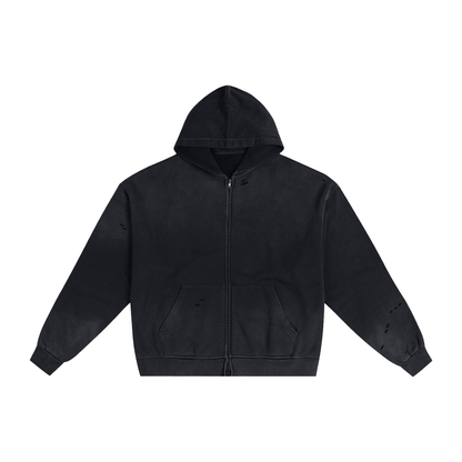 Unisex Hand-Frayed Sunfade Zip Hoodie in black