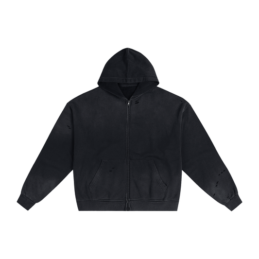 Unisex Hand-Frayed Sunfade Zip Hoodie in black