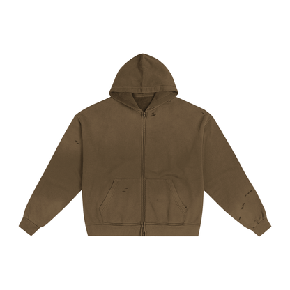 Unisex Hand-Frayed Sunfade Zip Hoodie in gray green