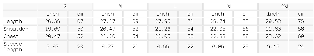 Size chart for the Unisex Heavyweight Drop Shoulder Cotton T-Shirt