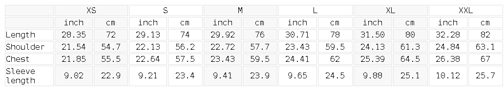 Size chart for the Unisex Heavyweight Earth Tone T-Shirt