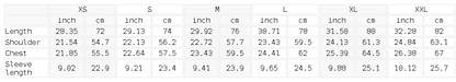 Size chart for the Unisex Heavyweight Earth Tone T-Shirt