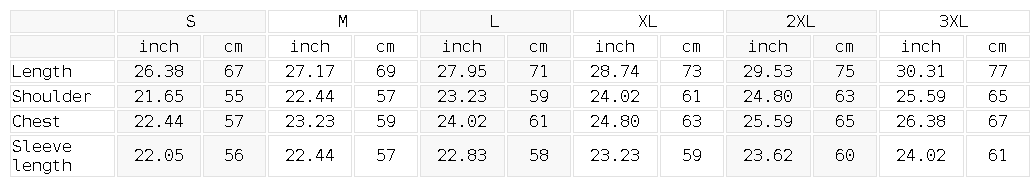Size chart for the Unisex Heavyweight Full Zip Hoodie
