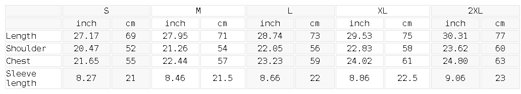 Size chart for the Unisex Heavyweight Knitted Round Neck T-Shirt