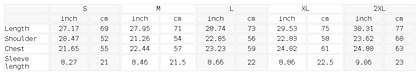 Size chart for the Unisex Heavyweight Knitted Round Neck T-Shirt