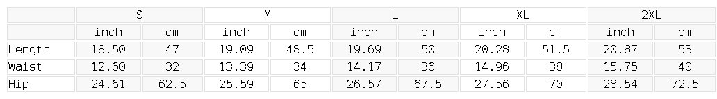 Size chart for the Unisex Heavyweight Leopard Drawstring Shorts