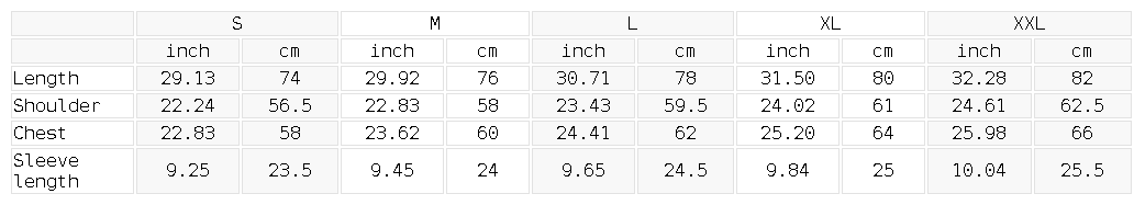 Size chart for the Unisex Heavyweight Loose Fit T-Shirt