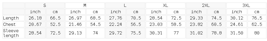 Size chart for the Unisex Heavyweight Raglan Sleeve Zip Hoodie