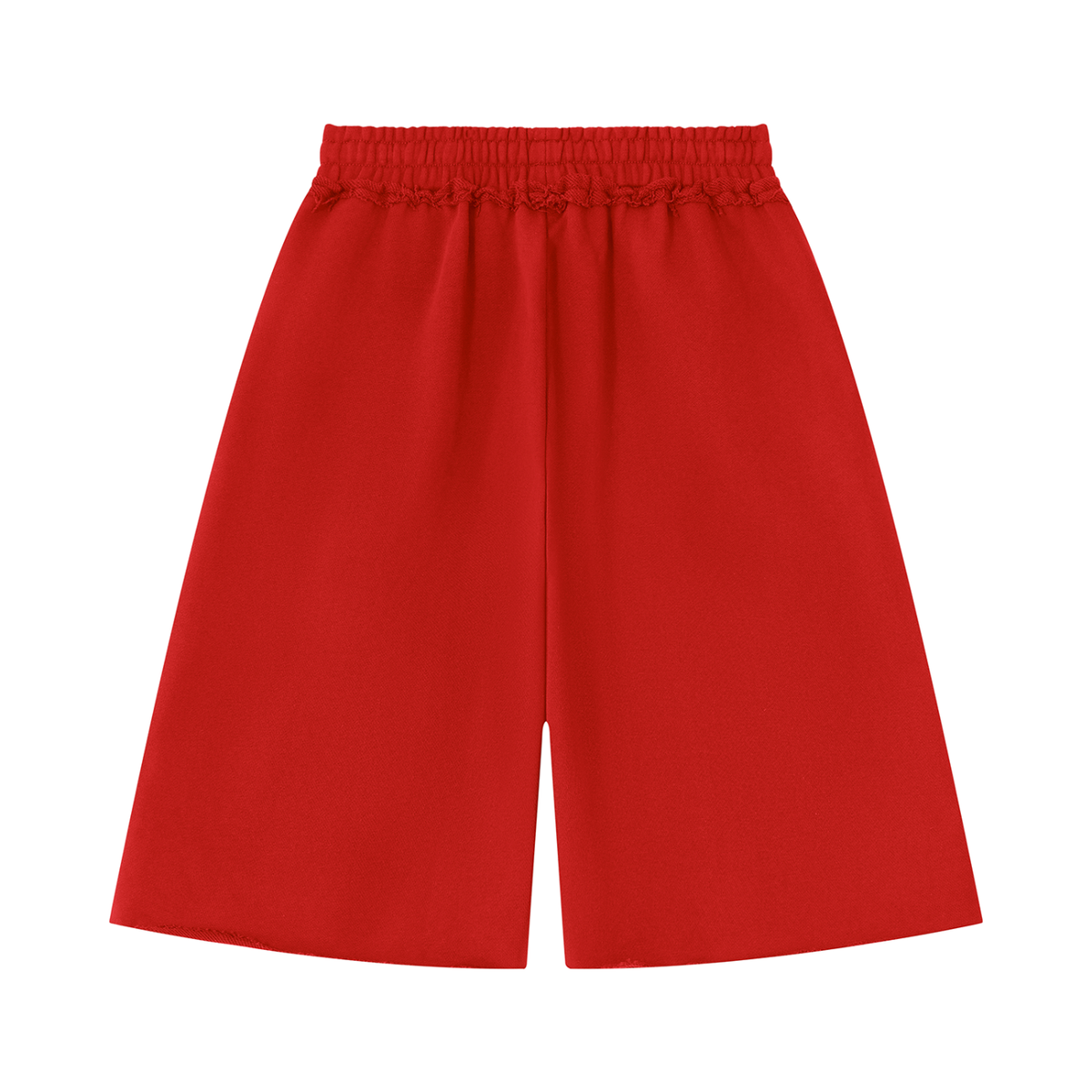 Unisex Heavyweight Raw Edge Shorts in red, alternate angle