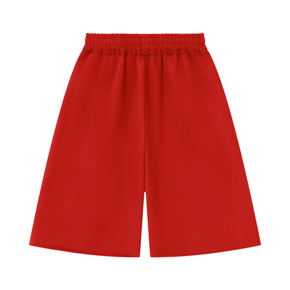 Unisex Heavyweight Raw Edge Shorts in red, alternate angle
