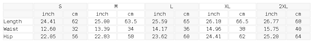 Size chart for the Unisex Heavyweight Raw Edge Shorts