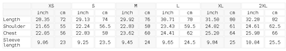 Size chart for the Unisex Heavyweight Snow Washed T-Shirt