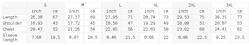 Size chart for the Unisex Heavyweight Sorona T-Shirt
