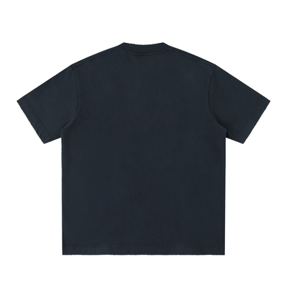 Unisex Heavyweight Vintage Washed Frayed T-Shirt in navy blue, alternate angle