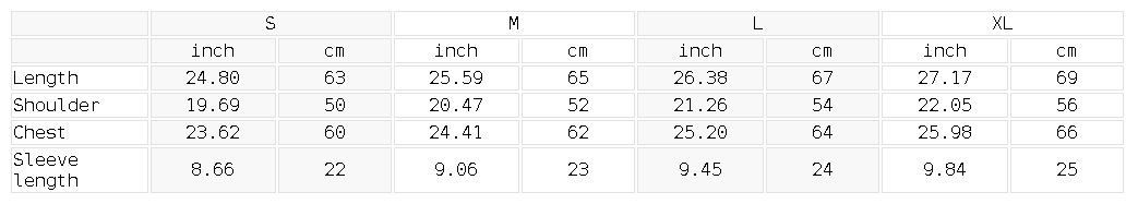 Size chart for the Unisex Hollow-Out Polyester T-Shirt