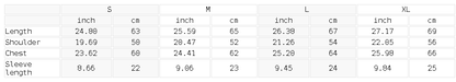 Size chart for the Unisex Hollow-Out Polyester T-Shirt