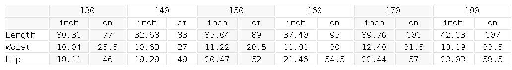 Size chart for the Unisex Kids' Contrast Tape Sweatpants