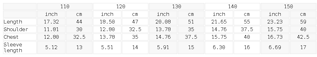 Size chart for the Unisex Kid's Crewneck Short Sleeve T-Shirt