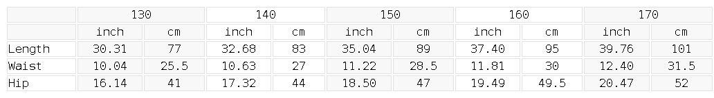 Size chart for the Unisex Kid's Straight Leg Elastic Waist Jeans