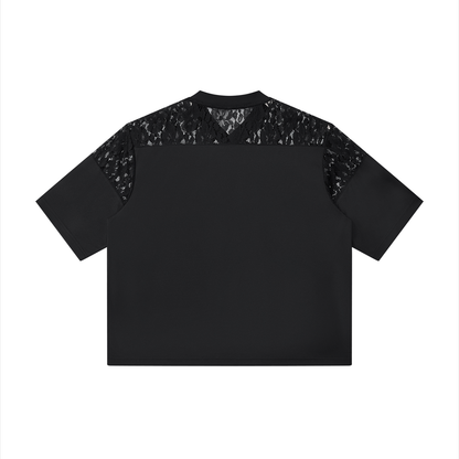 Unisex Lace Paneling V-Neck T-Shirt in black, alternate angle