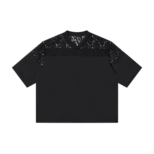 Unisex Lace Paneling V-Neck T-Shirt in black