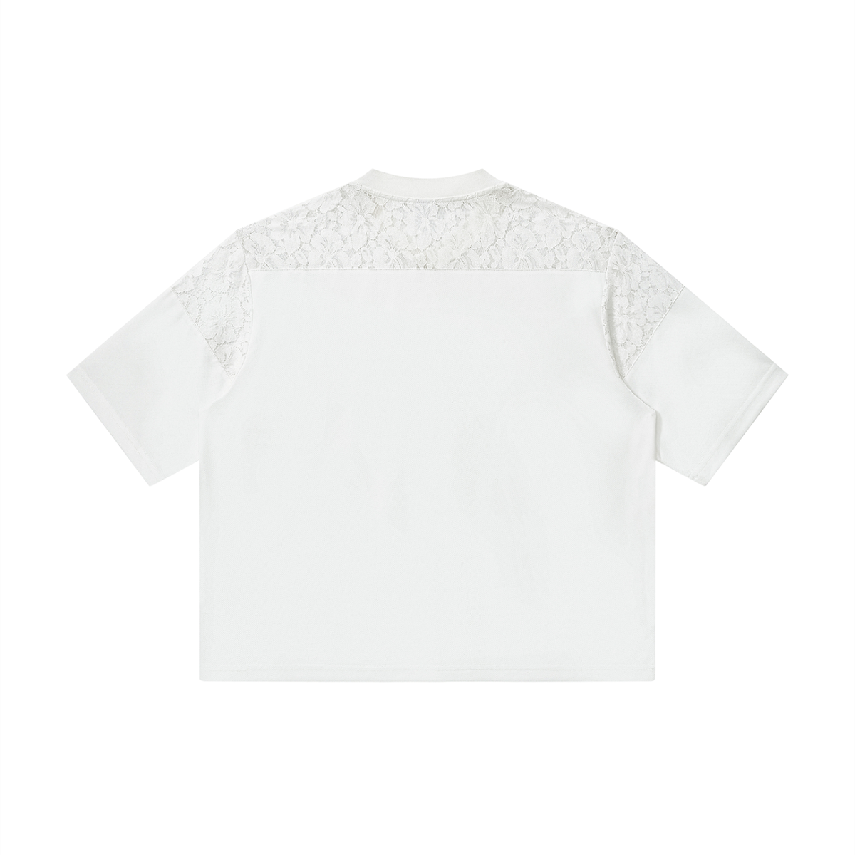 Unisex Lace Paneling V-Neck T-Shirt in white, alternate angle