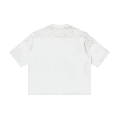 Unisex Lace Paneling V-Neck T-Shirt in white, alternate angle