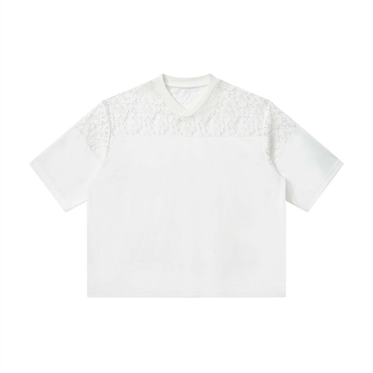 Unisex Lace Paneling V-Neck T-Shirt in white
