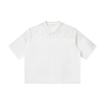 Unisex Lace Paneling V-Neck T-Shirt in white