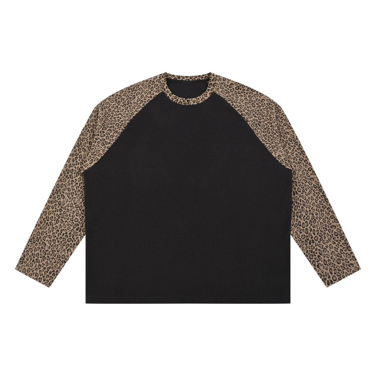 Unisex Leopard Panel Waffle T-Shirt in black with leopard brown