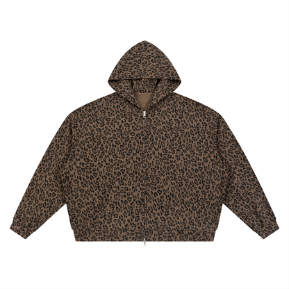 Unisex Leopard Print Full Zip Hoodie in leopard brown