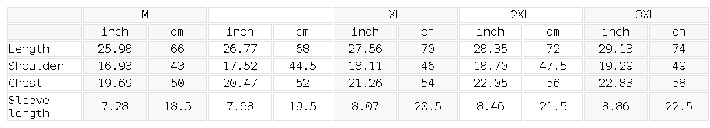 Size chart for the Unisex Lightweight Performance Crewneck T-Shirt