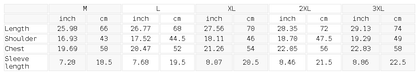 Size chart for the Unisex Lightweight Performance Crewneck T-Shirt