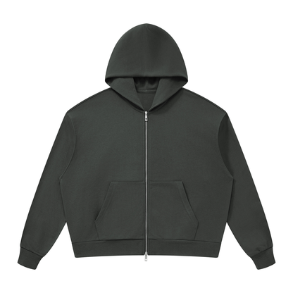 Unisex Loose Drop-Shoulder Zip-Up Hoodie in dark gray