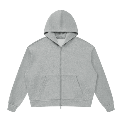 Unisex Loose Drop-Shoulder Zip-Up Hoodie in flower gray