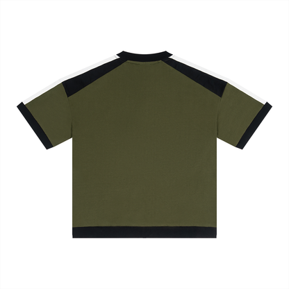 Unisex Loose Fit Color Block V-Neck T-Shirt in army green, alternate angle