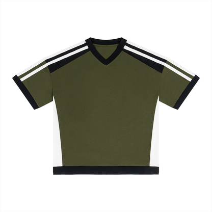 Unisex Loose Fit Color Block V-Neck T-Shirt in army green
