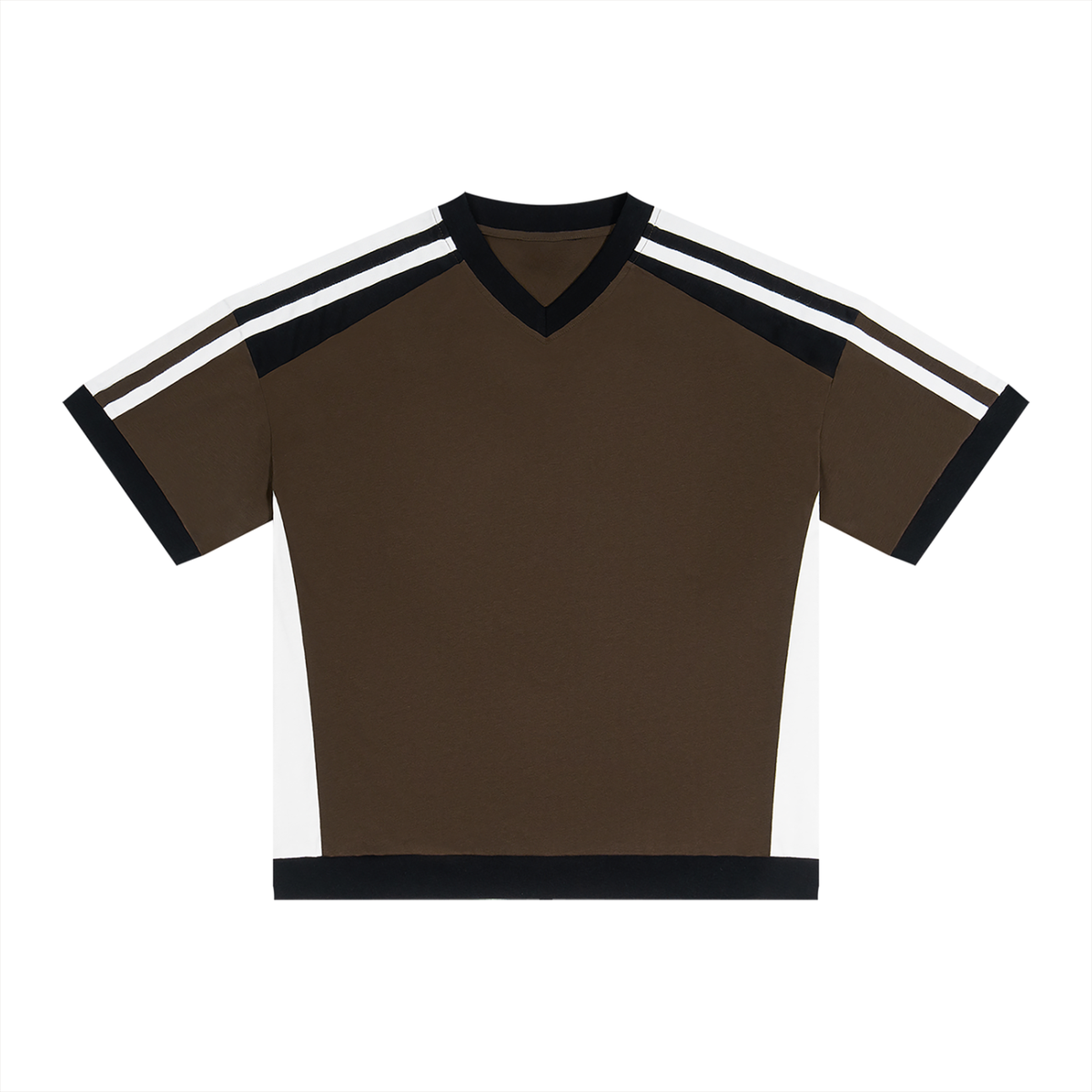 Unisex Loose Fit Color Block V-Neck T-Shirt in coffee