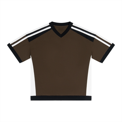 Unisex Loose Fit Color Block V-Neck T-Shirt in coffee