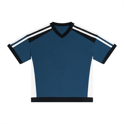 Unisex Loose Fit Color Block V-Neck T-Shirt in royal blue