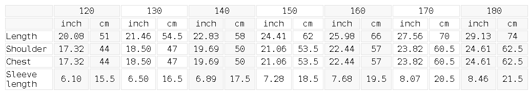 Size chart for the Unisex Loose Fit Cotton Blend Kids' T-Shirt