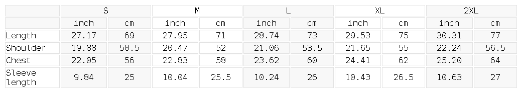 Size chart for the Unisex Loose Fit Cotton T-Shirt