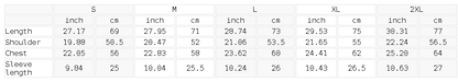 Size chart for the Unisex Loose Fit Cotton T-Shirt