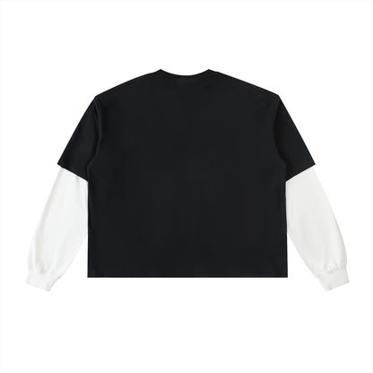 Unisex Loose Fit Patchwork Long Sleeve T-Shirt in black with white, alternate angle