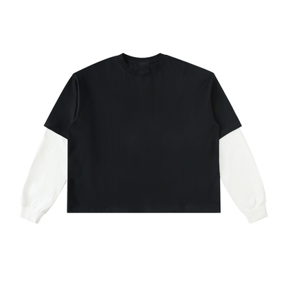 Unisex Loose Fit Patchwork Long Sleeve T-Shirt in black with white